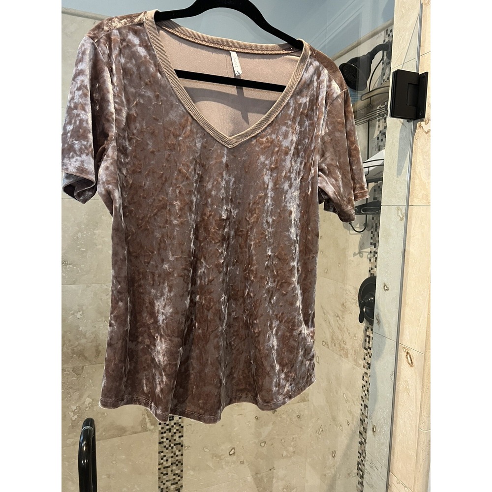 Z Supply Pink Velour Top Short Sleeve V-Neck Crushed Velvet Blouse Large
